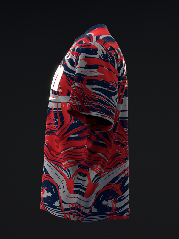 Red and navy bowling jersey with abstract swirling graphic pattern, side view