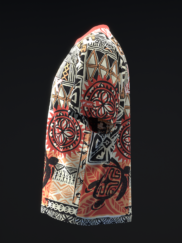 Bowling jersey with red, cream, and black geometric and tribal patterns throughout