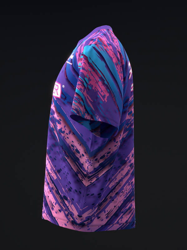 Purple and pink abstract textured bowling jersey, side view with white logo patch