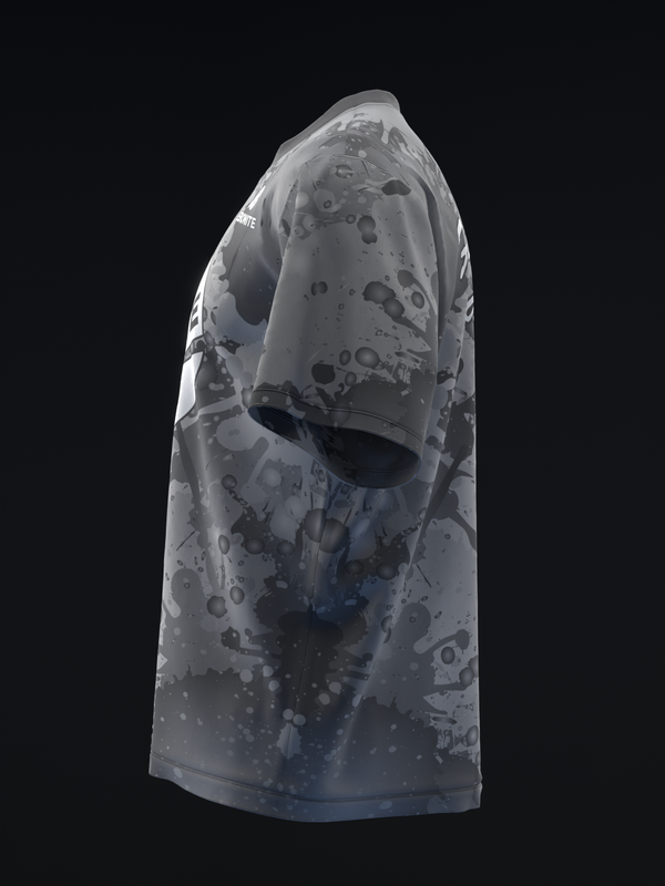 White bowling jersey with dark splatter and paint drip pattern, side view
