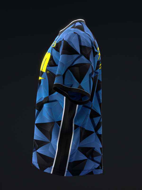 Blue and black geometric triangular pattern bowling jersey, side view