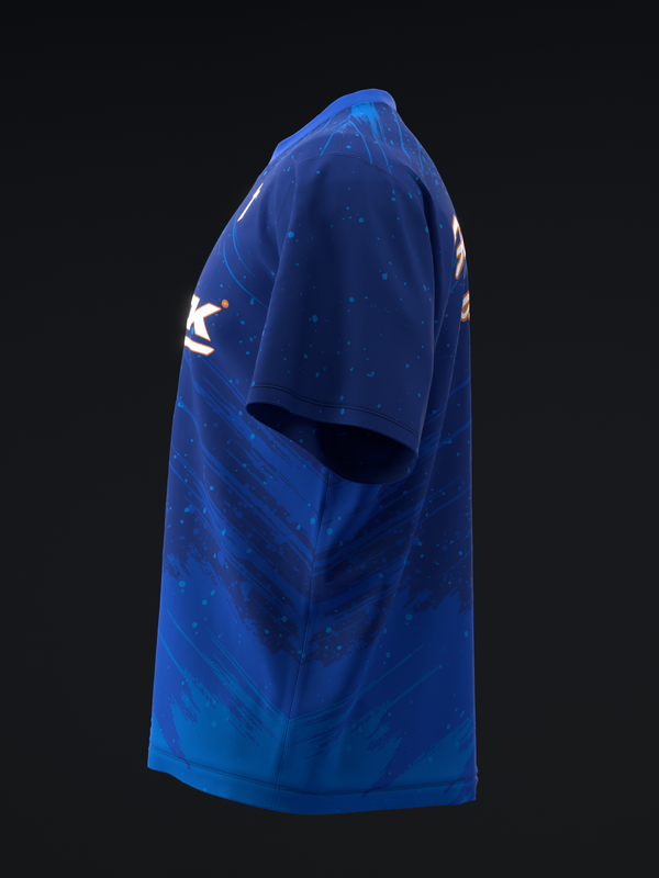 Royal blue bowling jersey with white graphic design on side view