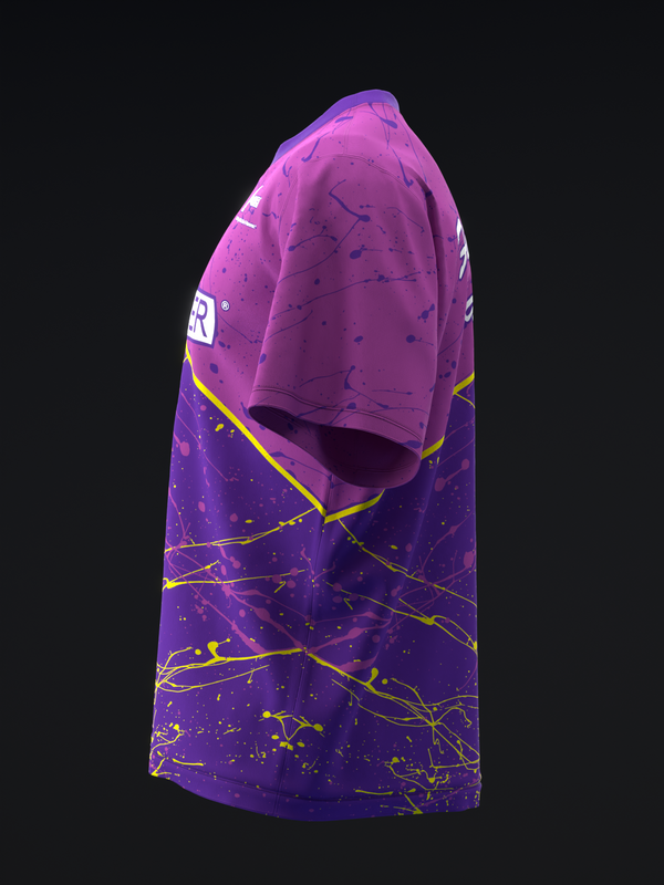 Purple bowling jersey with yellow constellation and splatter design, three-quarter view