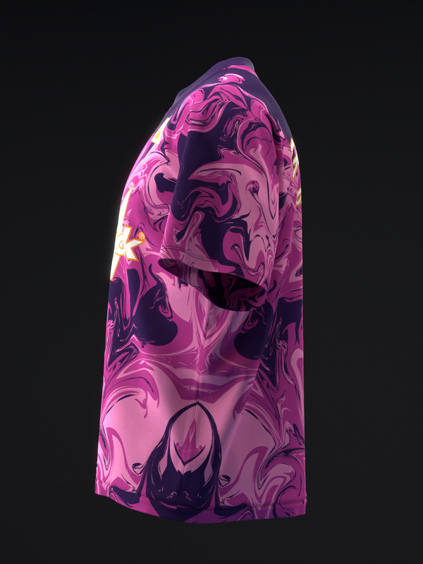 Pink and purple marbled bowling jersey with abstract swirl pattern, side view