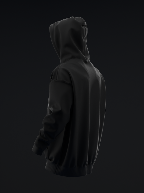 Black pullover hoodie shown from the side view against dark background