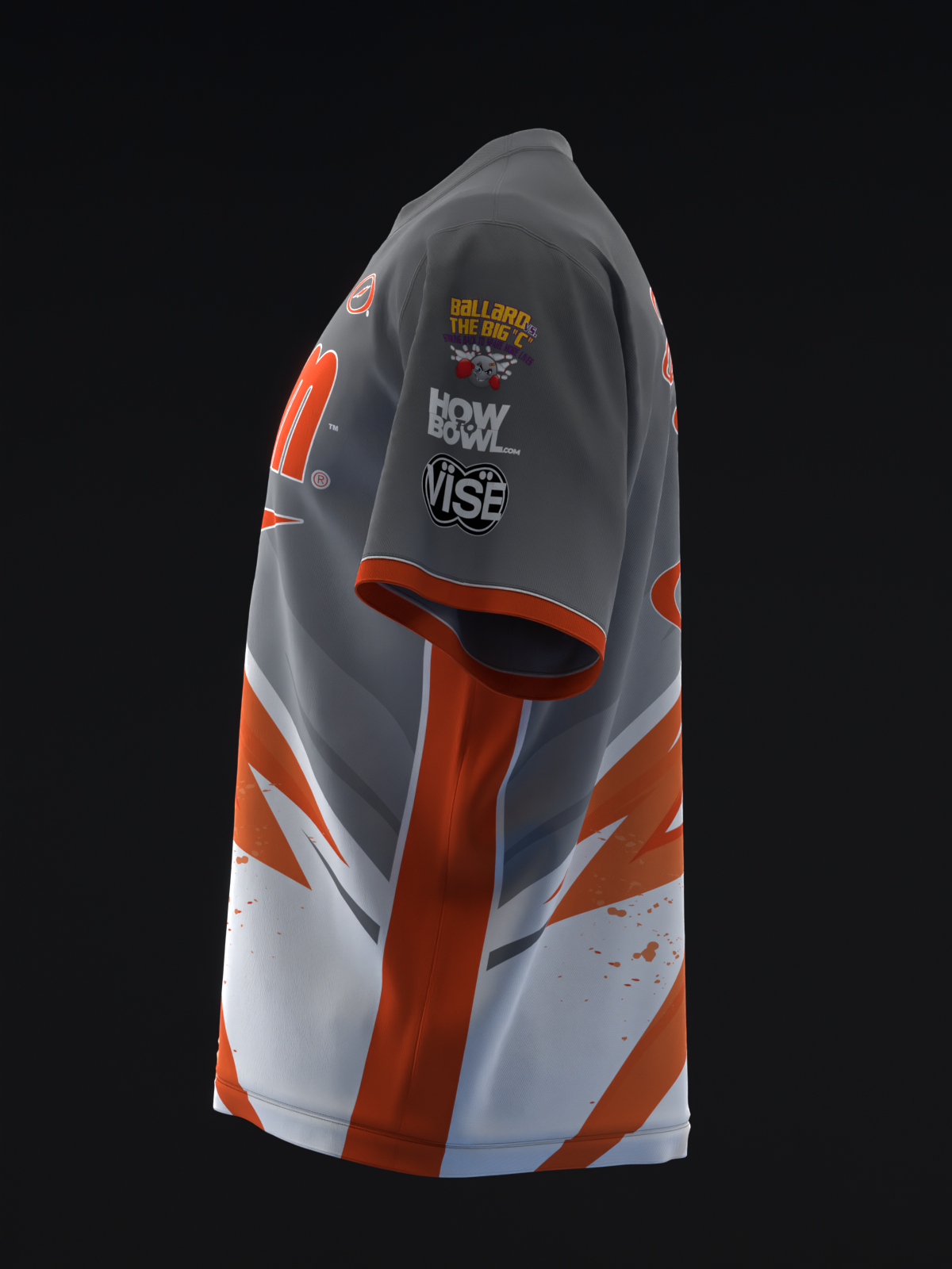 Gray and orange bowling jersey with sponsor logos, side view displayed on mannequin