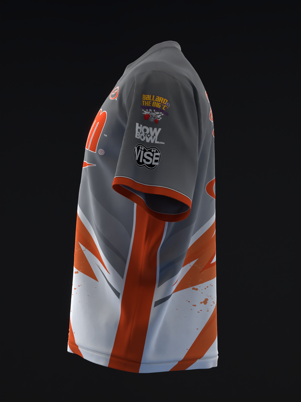 Gray and orange bowling jersey with sponsor logos, side view displayed on mannequin