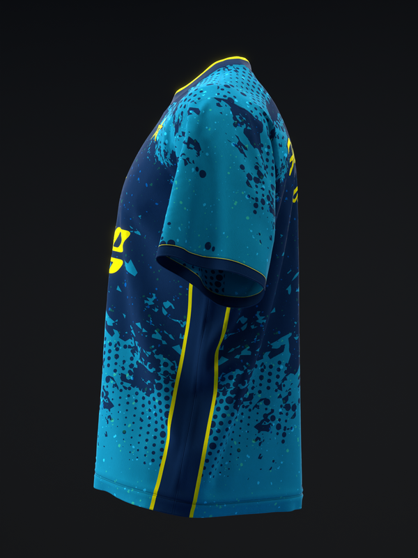 Cyan and navy bowling jersey with speckled pattern and yellow side stripe detail