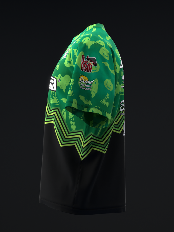 Green bowling jersey with potion bottle print and neon chevron trim, side view