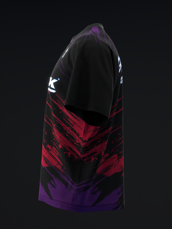 Black bowling jersey with red and purple brushstroke graphic, side view