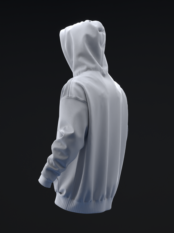 White pullover hoodie with ribbed cuffs and hem, side view