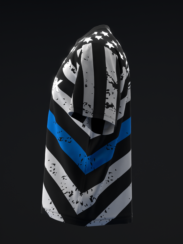 Black bowling jersey with blue and white chevron stripes and distressed texture, front view