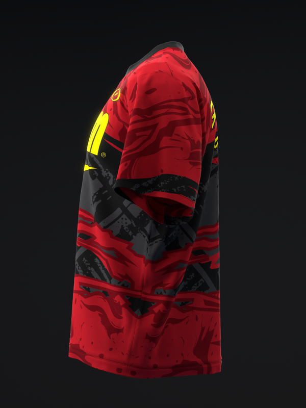 Red bowling jersey with black and yellow accents, abstract graphic design, side view