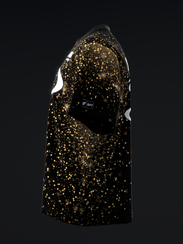 Black bowling jersey with gold glitter speckle pattern and white accents