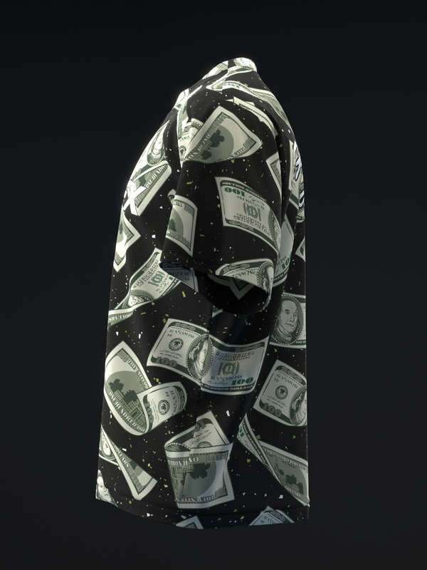 Black bowling jersey with white dollar bill pattern throughout