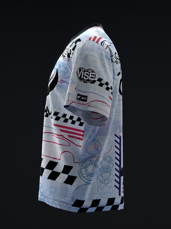 White bowling jersey with checkered, red stripe, and blue sketch graphics, side view