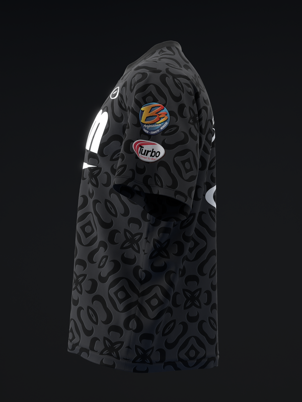 Black bowling jersey with geometric embossed pattern and brand logos, front view