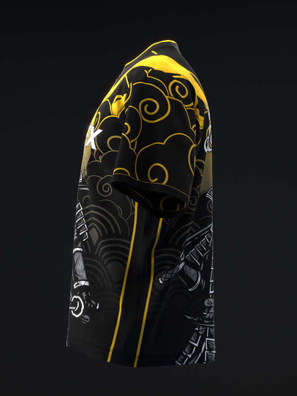 Black bowling jersey with yellow and white ornamental design, front view