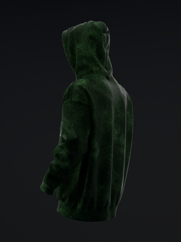 Dark green velvet pullover hoodie with distressed texture, back view