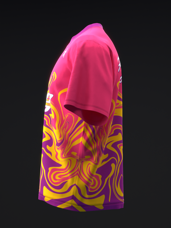 Hot pink and purple bowling jersey with swirled yellow and red graphic design, side view