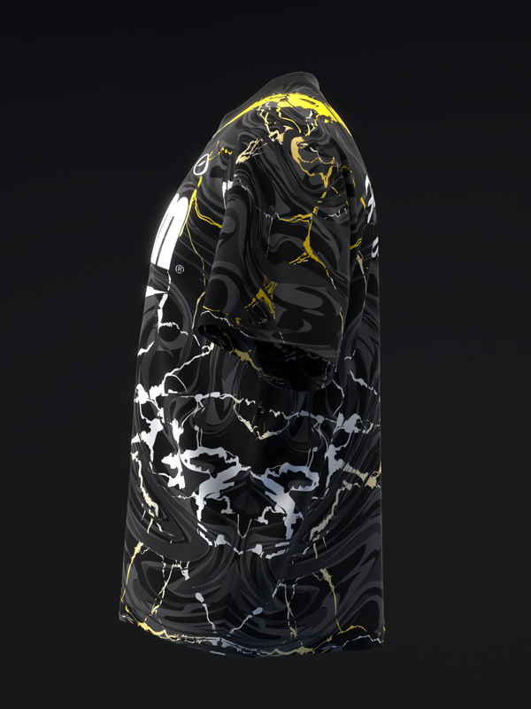 Black bowling jersey with yellow and white lightning bolt graphic pattern
