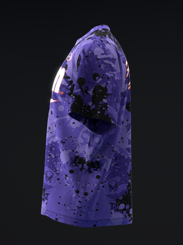 Purple bowling jersey with black splatter and paint drip design, side view