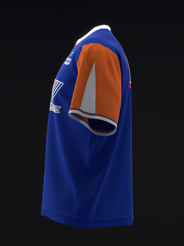 Royal blue bowling jersey with orange and white color-block sleeves, side view