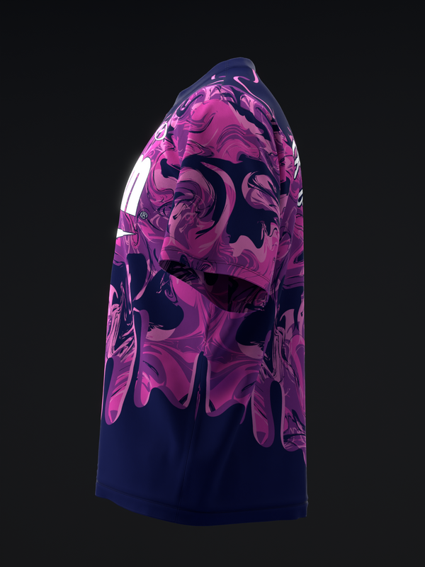Bowling jersey with pink and purple abstract swirl design on dark navy body