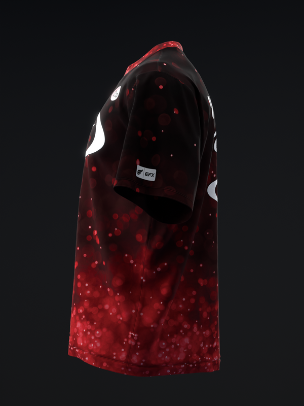 Red bowling jersey with bokeh light pattern and white accent details, front view