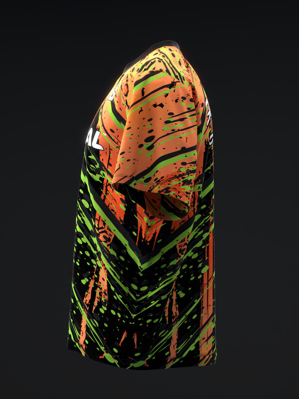 Black bowling jersey with neon green and orange abstract splatter design throughout