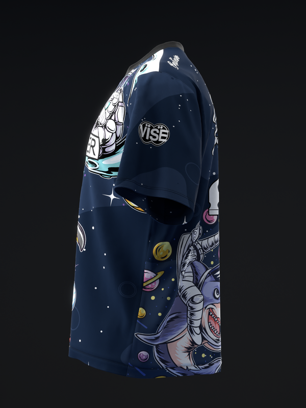 Navy bowling jersey with space-themed astronaut and planet graphic design, side view