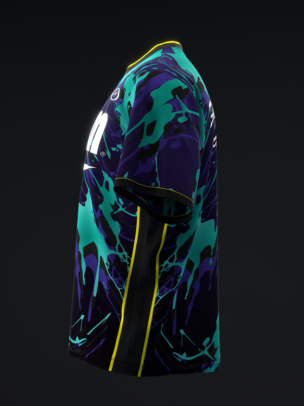 Purple and turquoise bowling jersey with abstract splatter pattern design