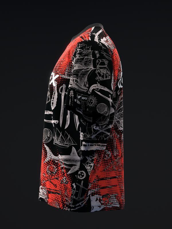 Red and black bowling jersey with pirate ship and nautical graphic design, side view