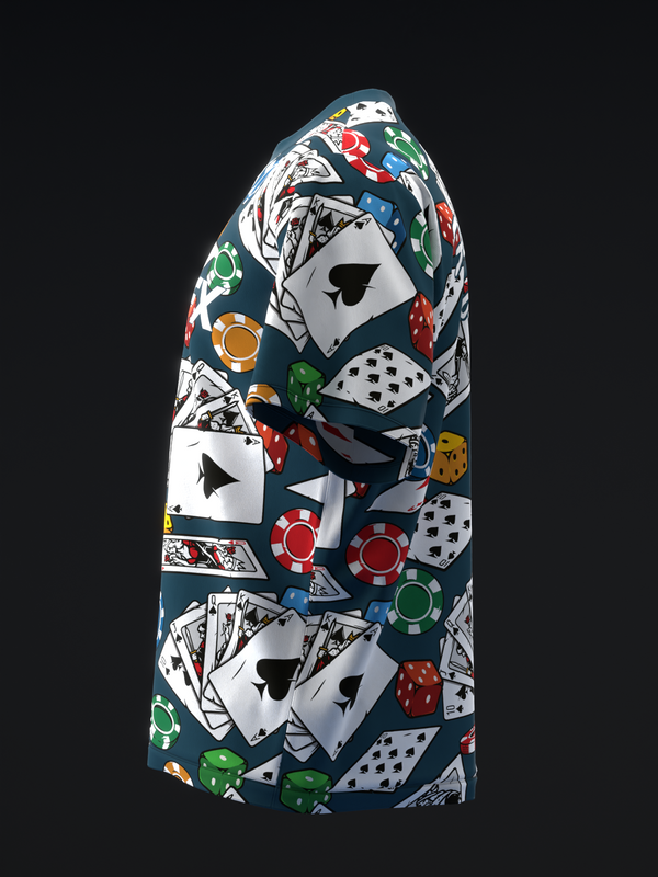 Navy bowling jersey with playing cards, dice, and poker chip pattern throughout