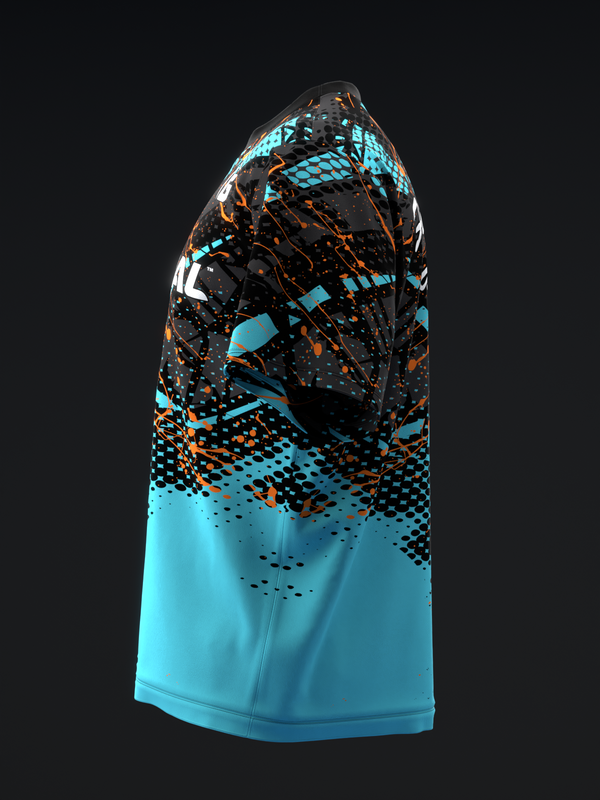 Cyan bowling jersey with black and orange abstract geometric pattern on front