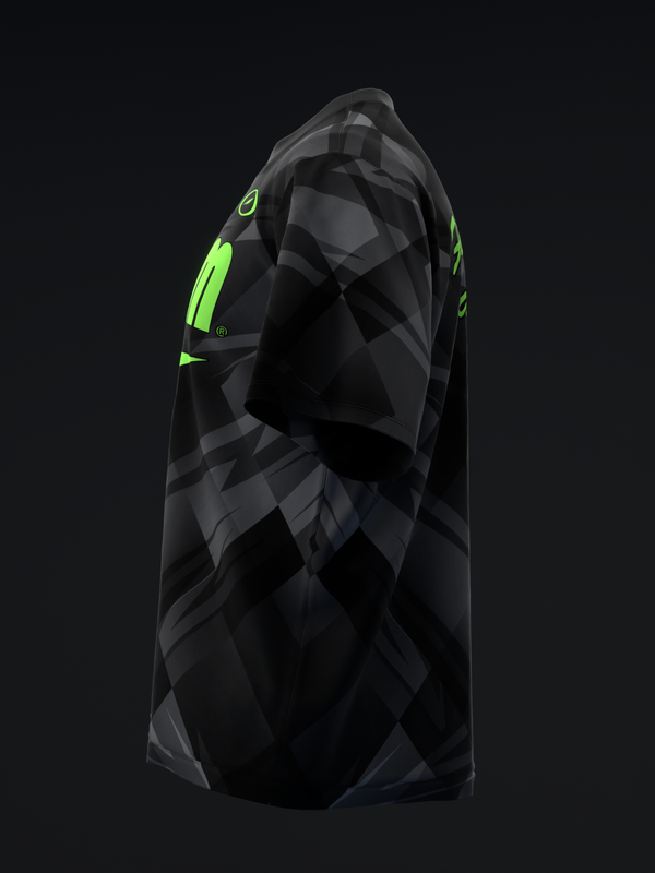Black and gray geometric bowling jersey with neon green accents, side view