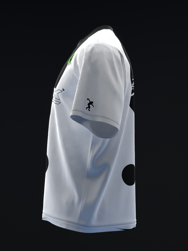 White bowling jersey with yin yang symbol graphic on sleeve, side view