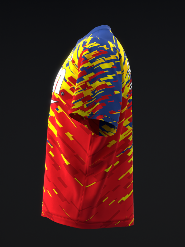 Red bowling jersey with blue shoulders and yellow diagonal stripe pattern design