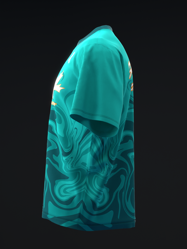 Turquoise bowling jersey with swirling teal and dark teal pattern, side view