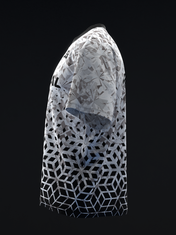White bowling jersey with geometric cube pattern gradient from white to black