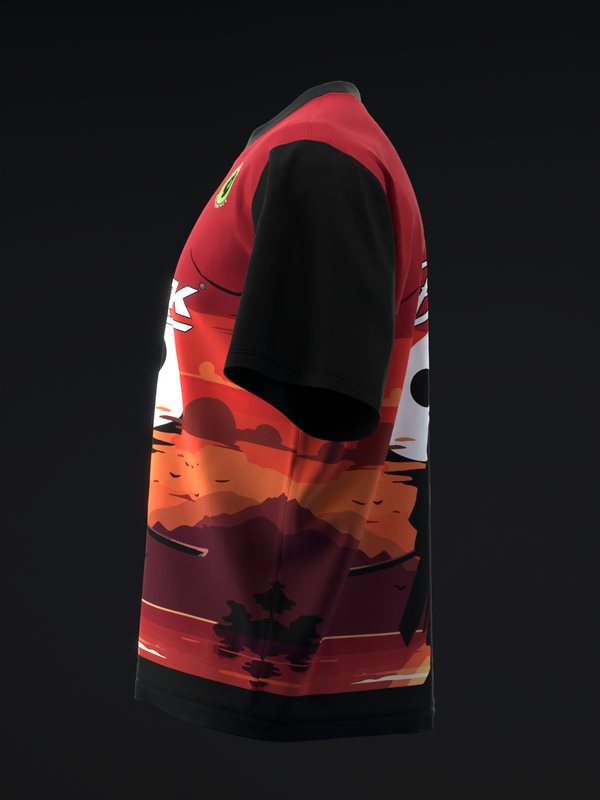 Red and orange bowling jersey with sunset gradient and silhouetted graphic design, side view