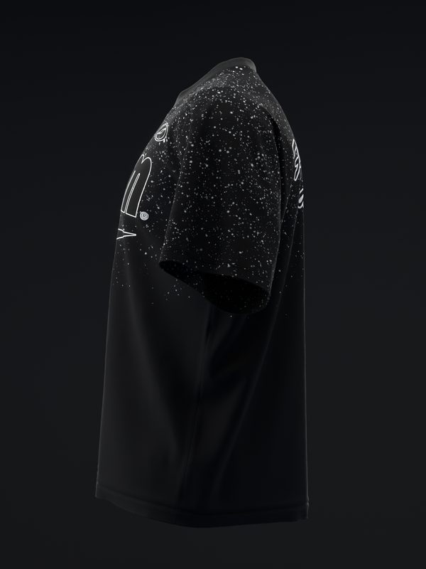 Black bowling jersey with speckled white pattern on upper sleeve and shoulder area