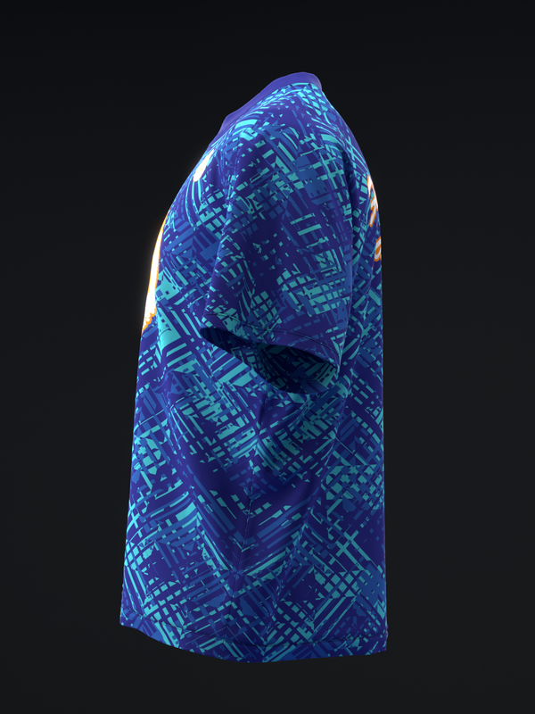 Blue bowling jersey with geometric circuit board pattern, side view