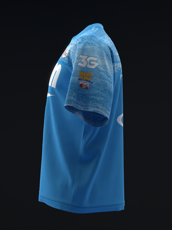 Blue bowling jersey with heathered sleeves and white graphic details on front view