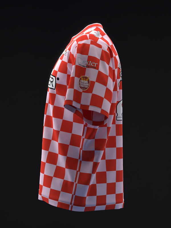 Red and white checkerboard bowling jersey, side view with visible branding