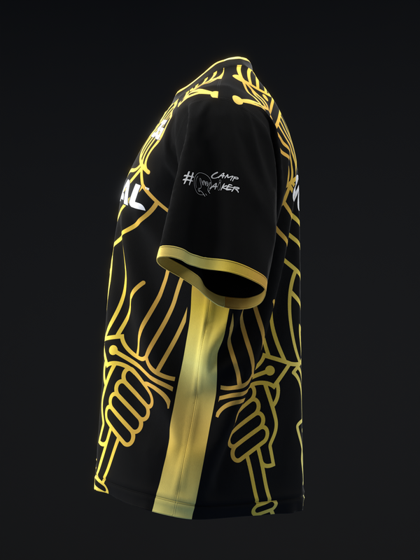 Black bowling jersey with gold winged graphic design and text on front