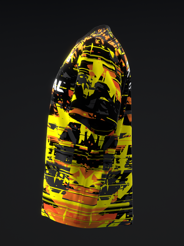 Yellow and black bowling jersey with abstract geometric pattern and orange accents