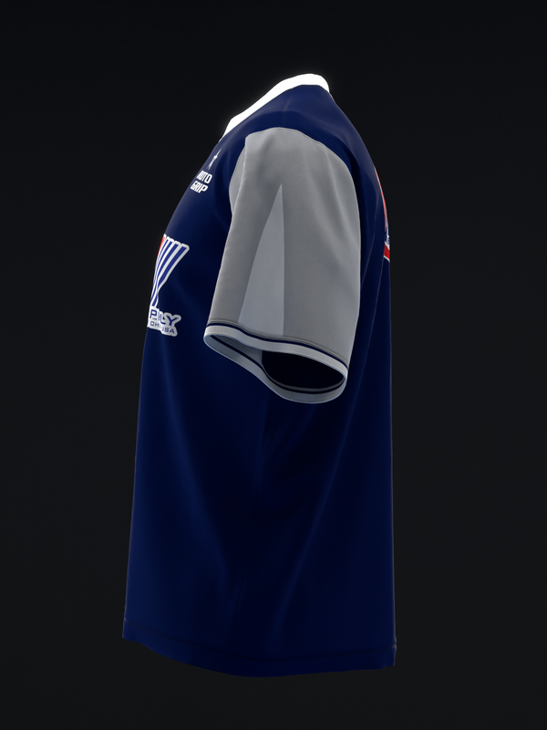 Navy bowling jersey with gray sleeves and white stripe detailing on side