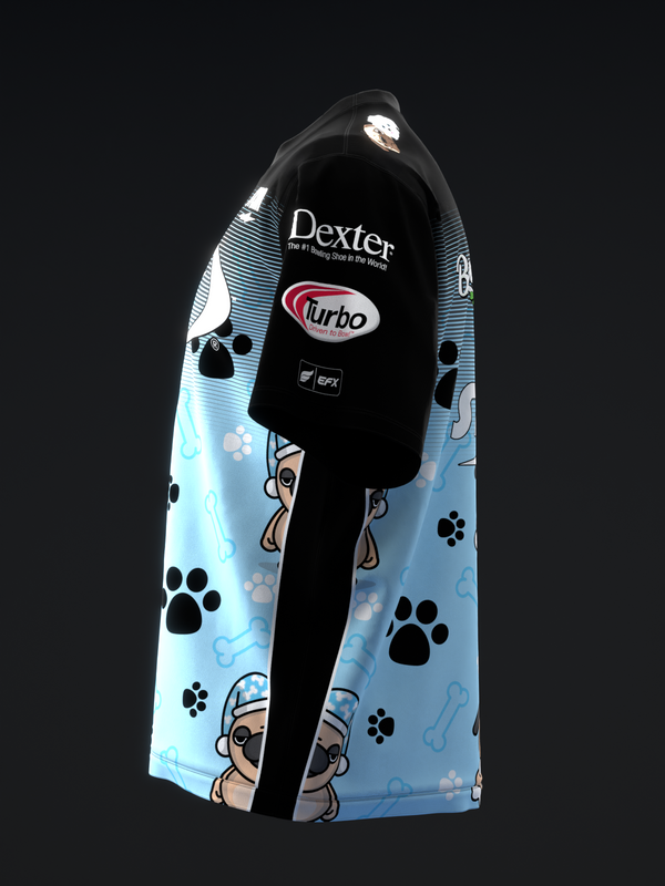 Black and light blue bowling jersey with pug and paw print pattern, front view