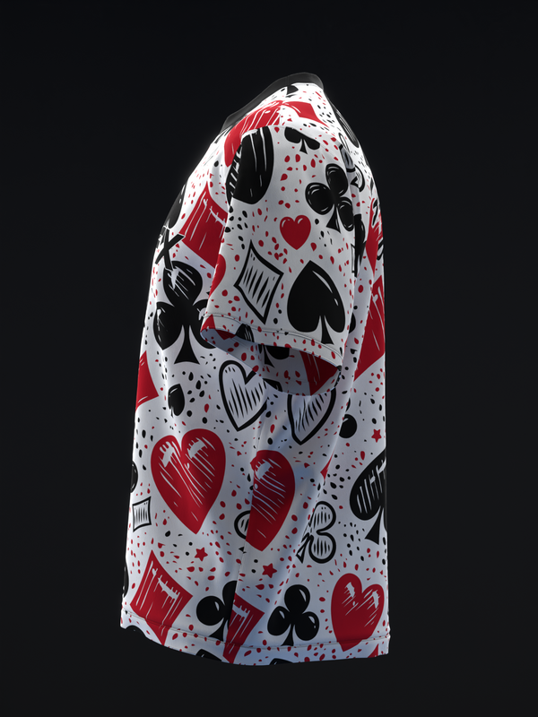 White bowling jersey with red and black playing card suit symbols allover print